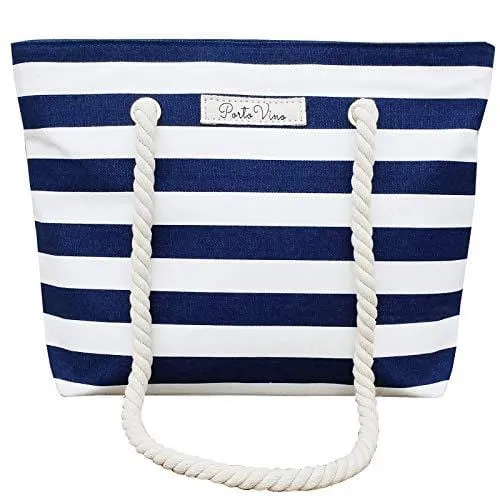 PortoVino Beach Wine Purse (Blue/White) - Beach Tote with Hidden, Insulated Compartment, Holds 2 Bottles of Wine! / Great Gift! / Happiness Guaranteed!