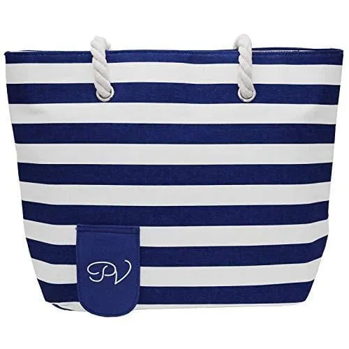 PortoVino Beach Wine Purse (Blue/White) - Beach Tote with Hidden, Insulated Compartment, Holds 2 Bottles of Wine! / Great Gift! / Happiness Guaranteed!