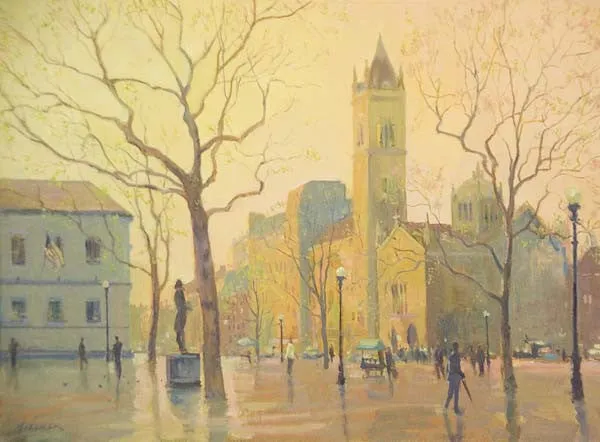 "Copley in Spring, Boston" by Leonard Mizerek - Impressionist City Life Oil Painting