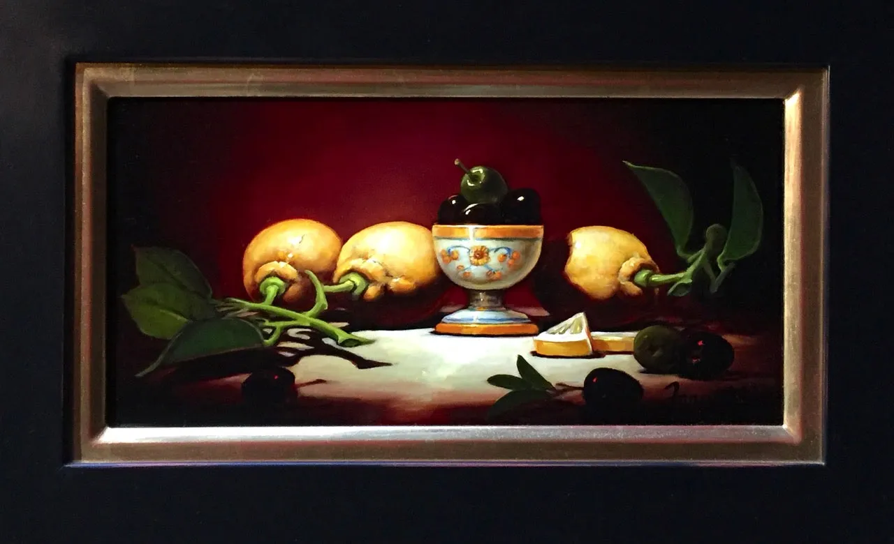 "Italian Olives and Lemons" by Sean Farrell - Vibrant Still Life Oil Painting