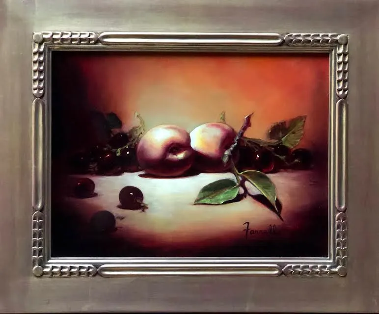 "Peaches and Grapes" by Sean Farrell - Vibrant Still Life Oil Painting