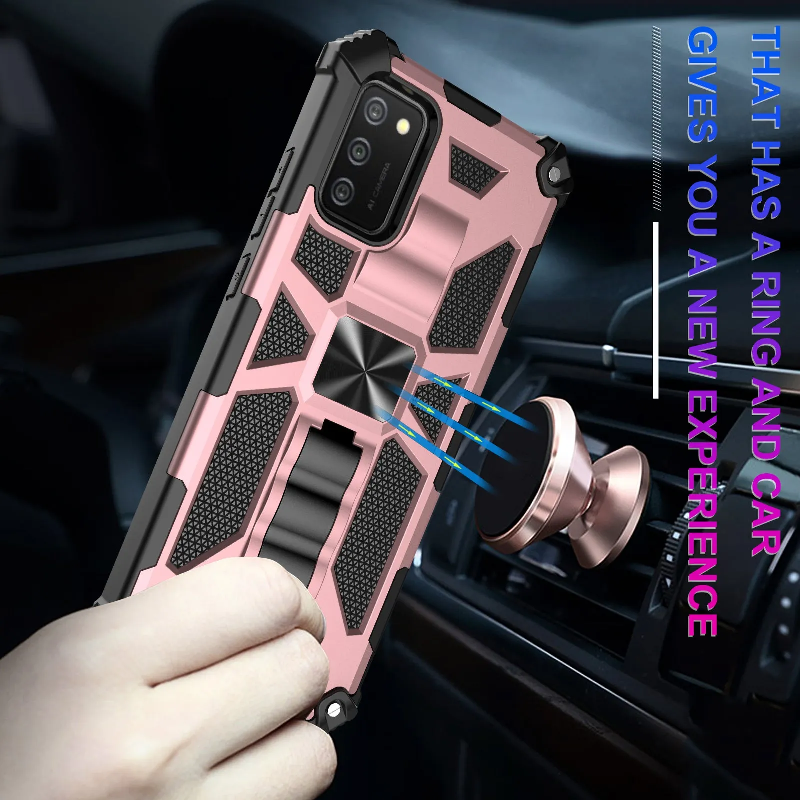 Samsung Galaxy A02s Case [Military Grade] Ring Car Mount Kickstand Hybrid Hard PC Soft TPU Shockproof Protective Case - Rose Gold