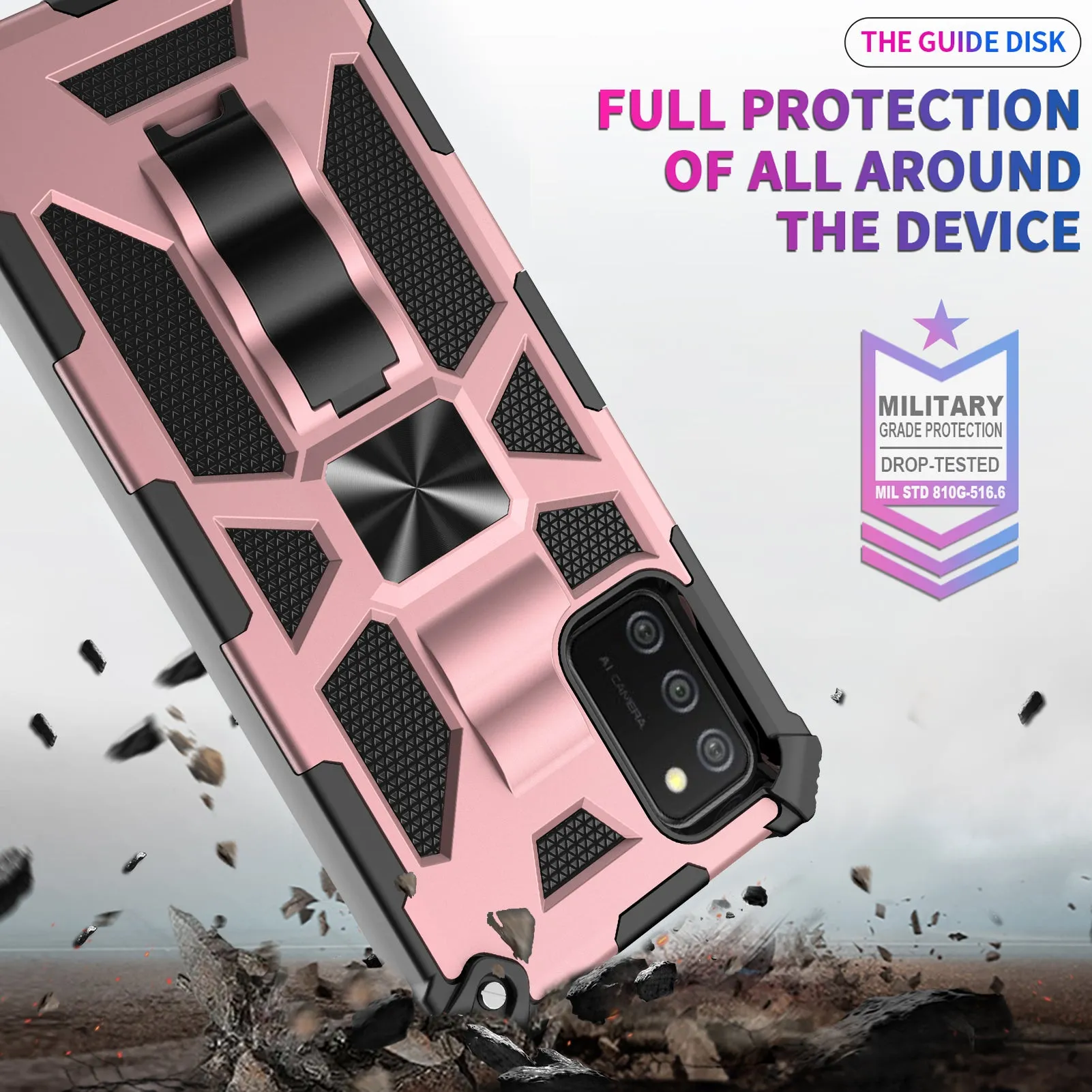 Samsung Galaxy A02s Case [Military Grade] Ring Car Mount Kickstand Hybrid Hard PC Soft TPU Shockproof Protective Case - Rose Gold