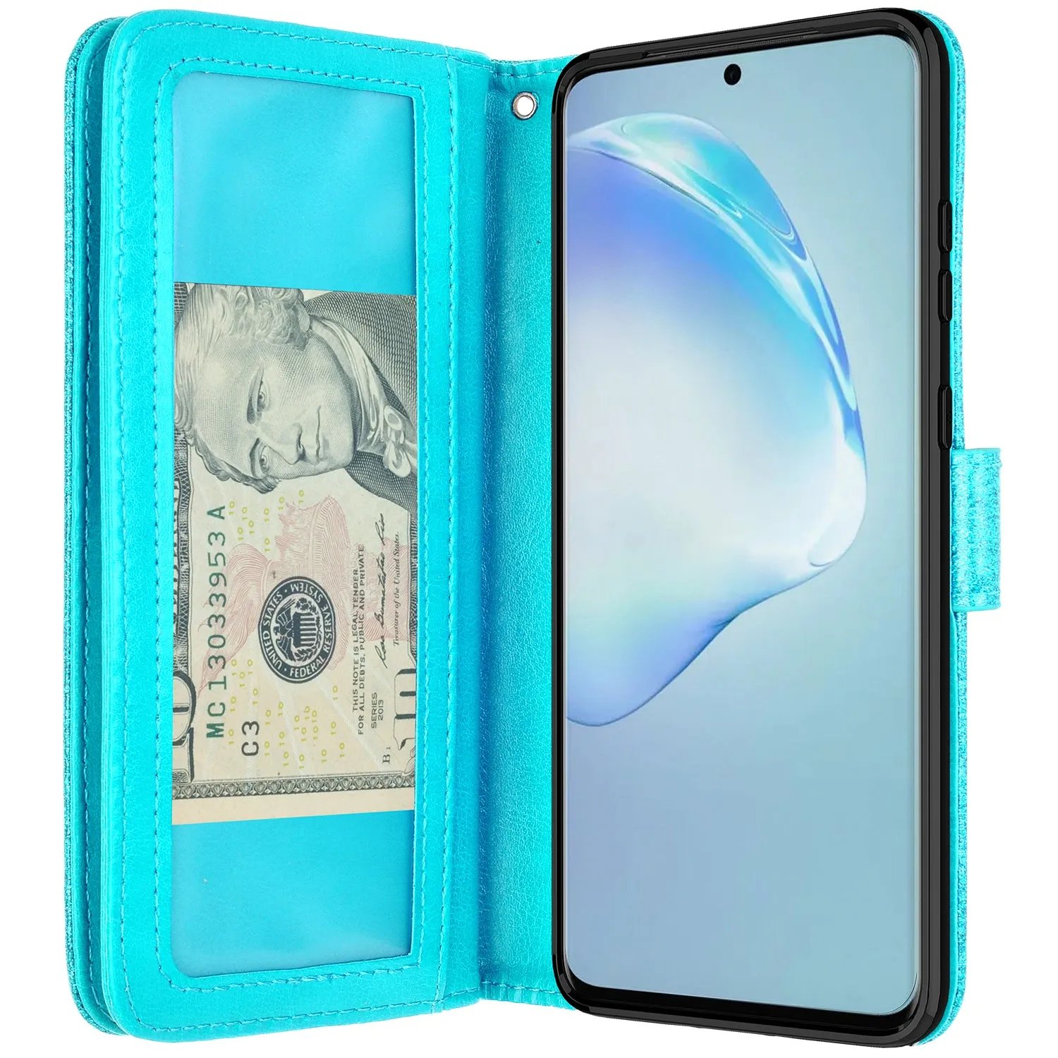 Samsung Galaxy S20 Ultra Case, Glitter Faux Leather Flip Credit Card Holder Wrist Strap Shockproof Protective Wallet Case Clutch for Galaxy S20 Ultra - Teal