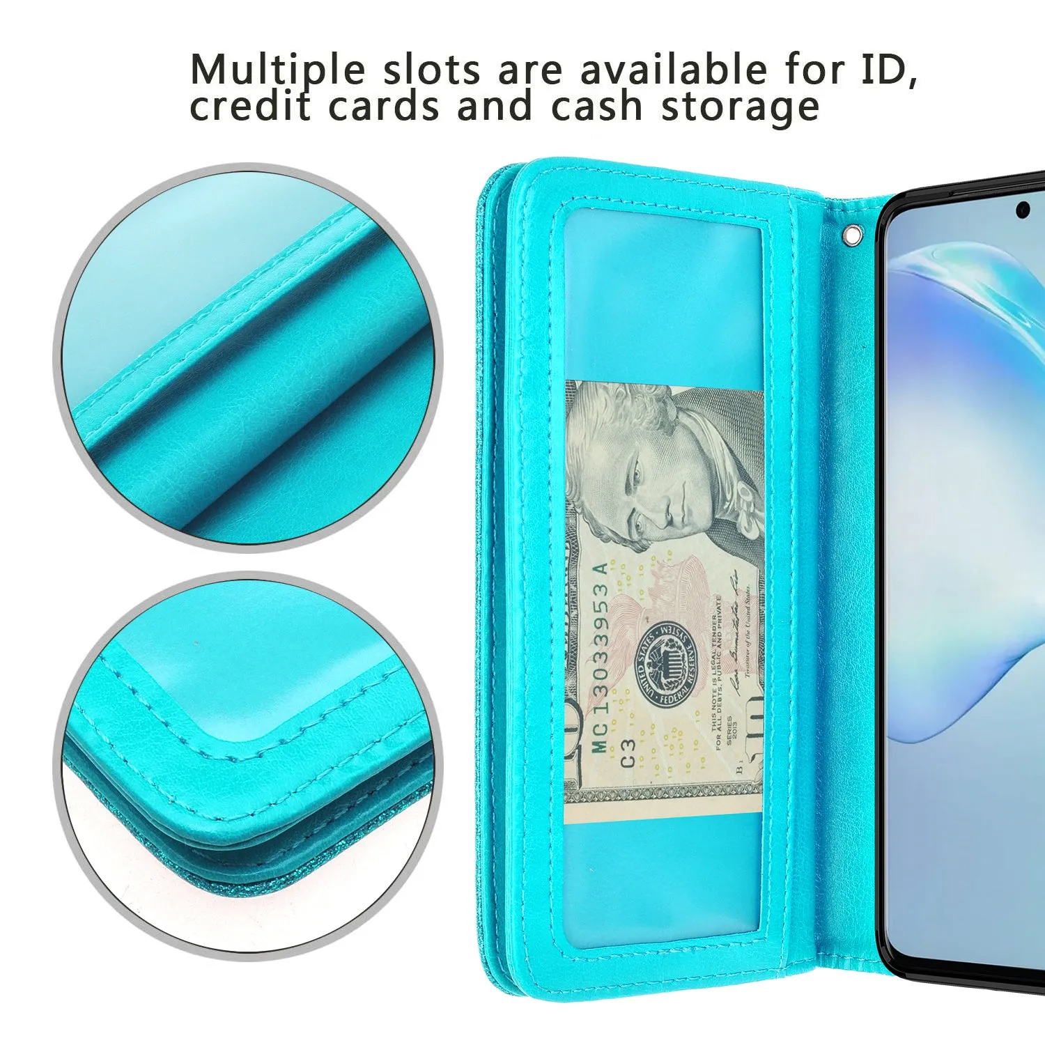 Samsung Galaxy S20 Ultra Case, Glitter Faux Leather Flip Credit Card Holder Wrist Strap Shockproof Protective Wallet Case Clutch for Galaxy S20 Ultra - Teal