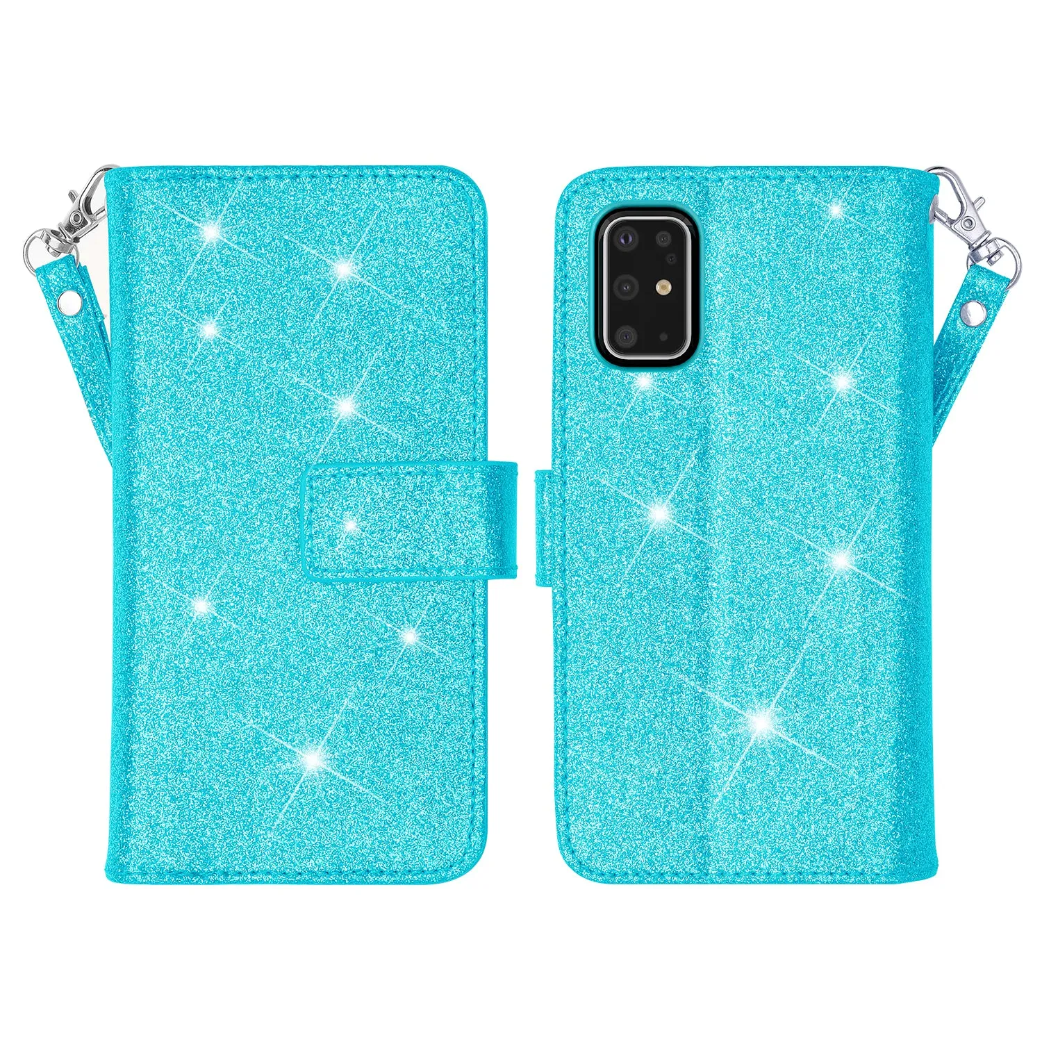 Samsung Galaxy S20 Ultra Case, Glitter Faux Leather Flip Credit Card Holder Wrist Strap Shockproof Protective Wallet Case Clutch for Galaxy S20 Ultra - Teal