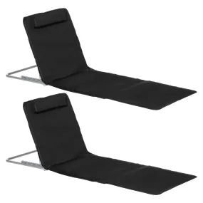 Set of 2 Foldable Garden Beach Chair Mat Lightweight Outdoor Sun Lounger Seats Adjustable Back Metal Frame PE Fabric Head Pillow, Black