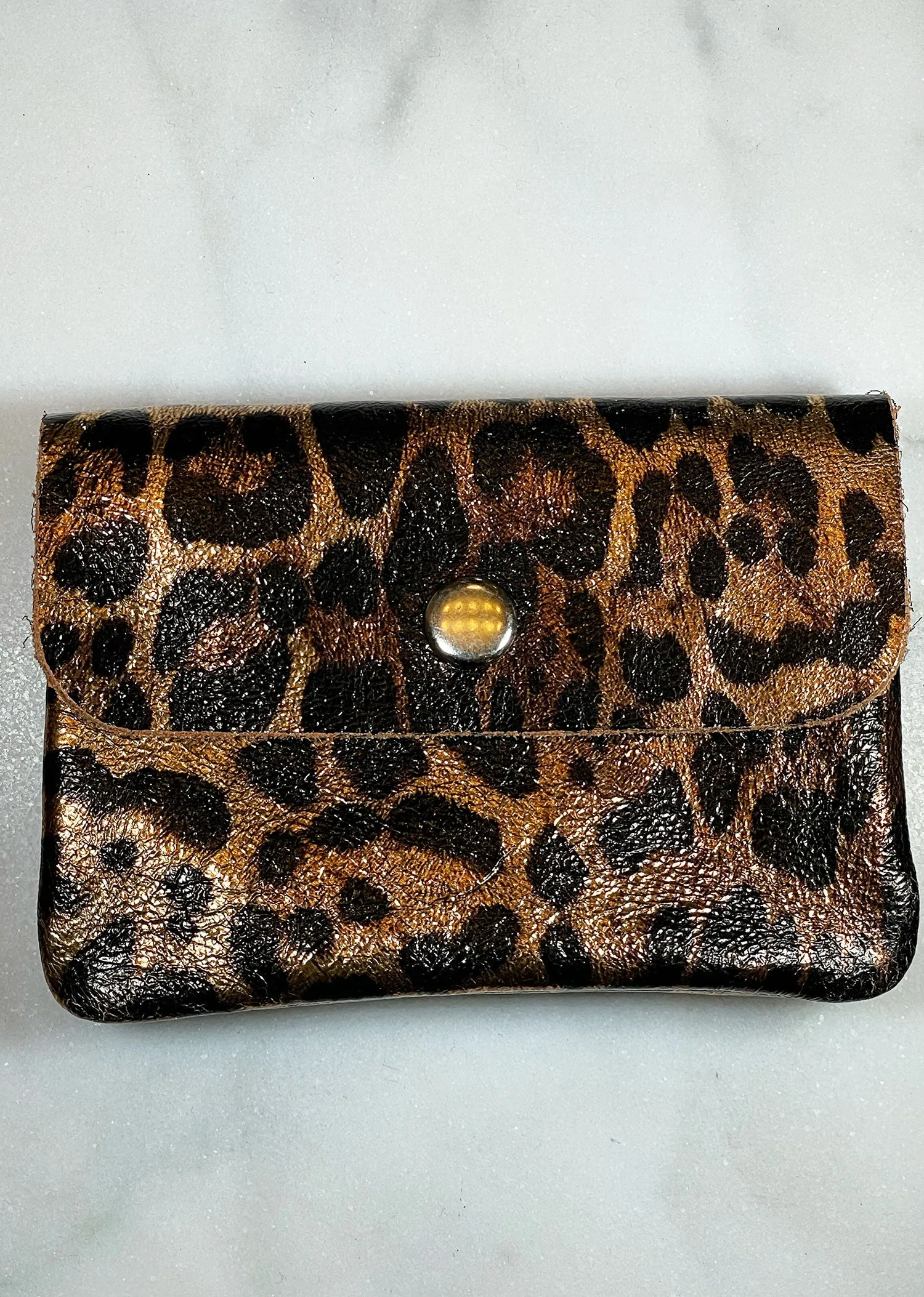 Small Metallic Leather Coin Purse - Bronze Leopard