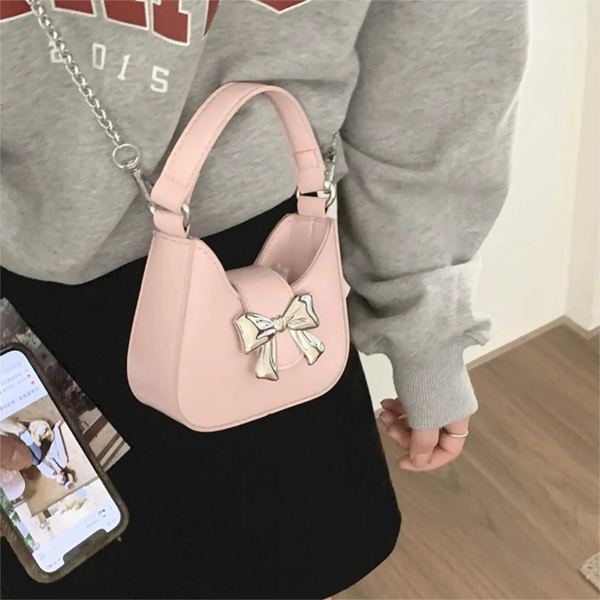 Sweet Bowknot Leather Crossbody Bag