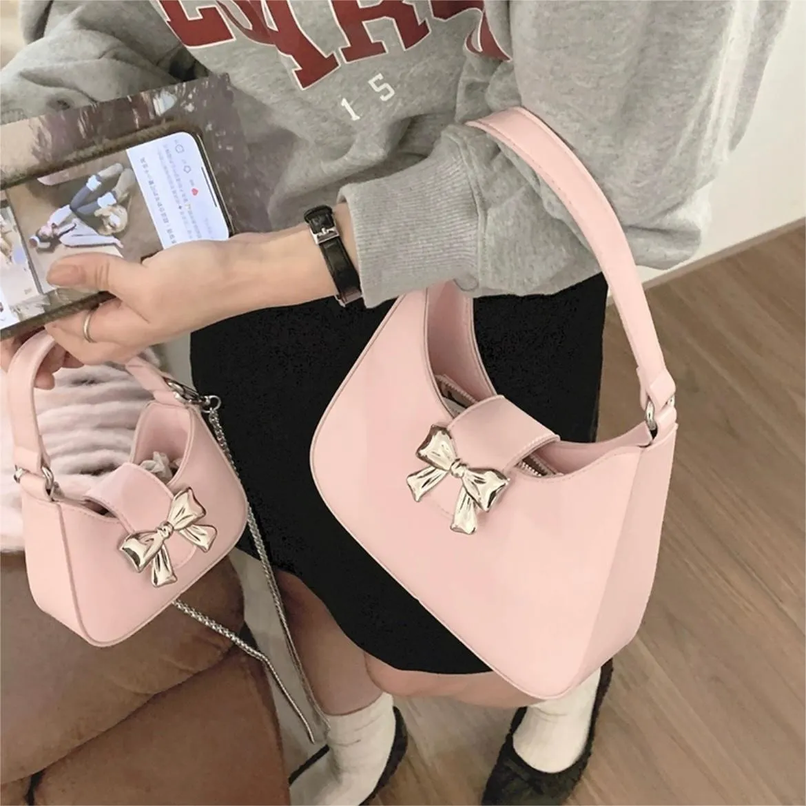 Sweet Bowknot Leather Crossbody Bag