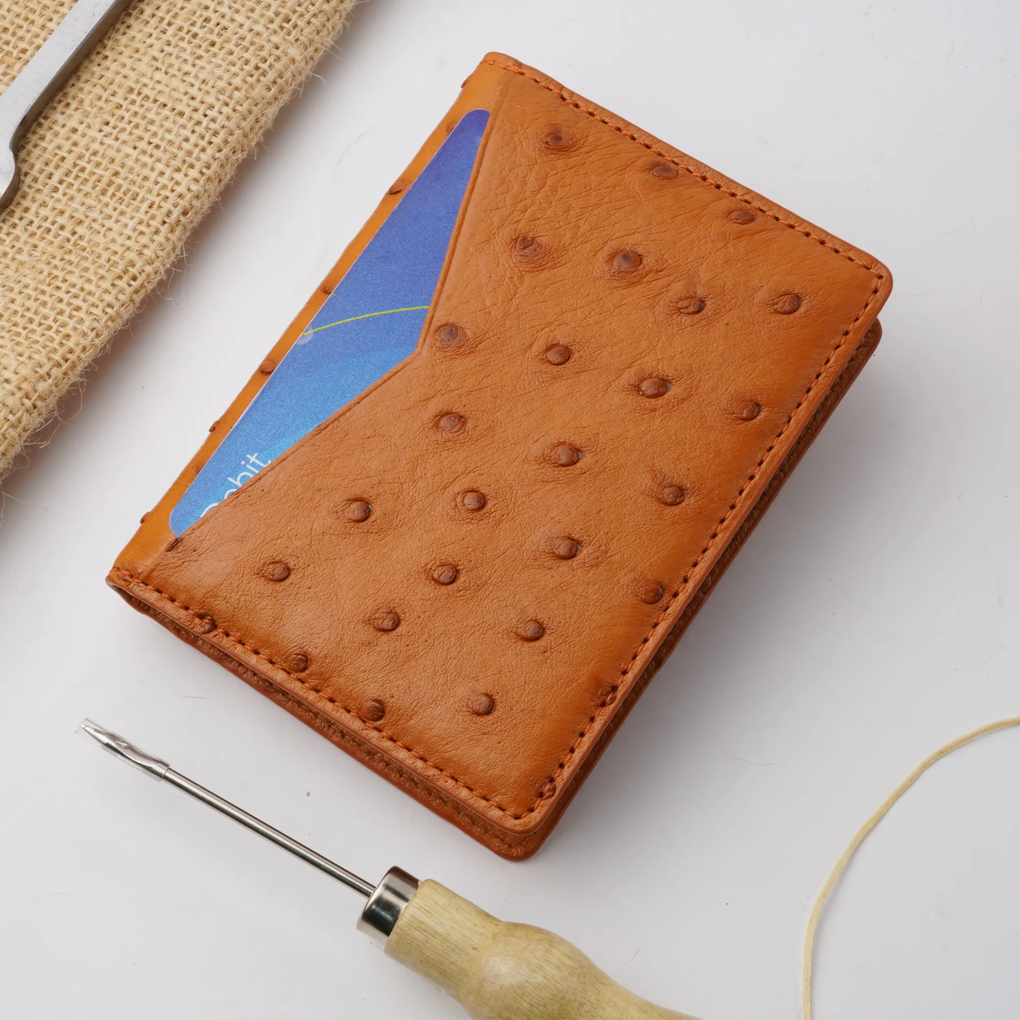 Tan Double Side Ostrich Leather Credit Card Holder | RFID Blocking | CARDOS-02