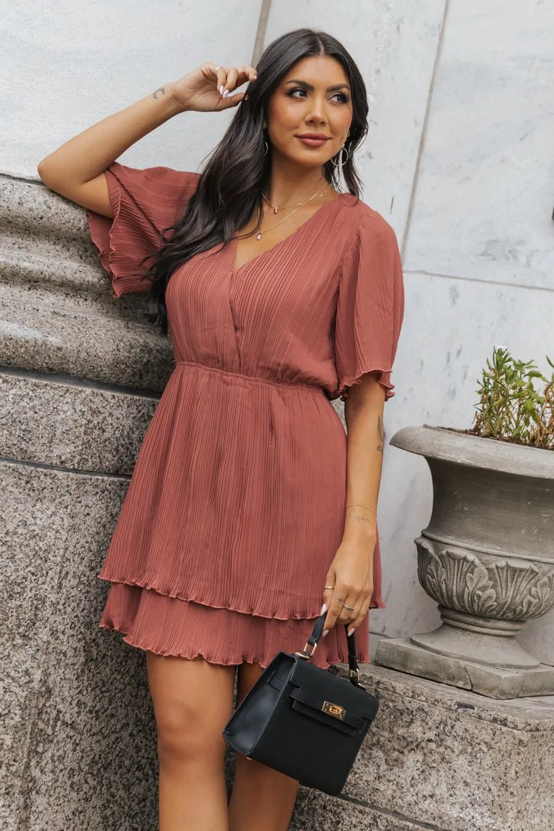 Terracotta Satin Pleated Mini Dress - FINAL SALE