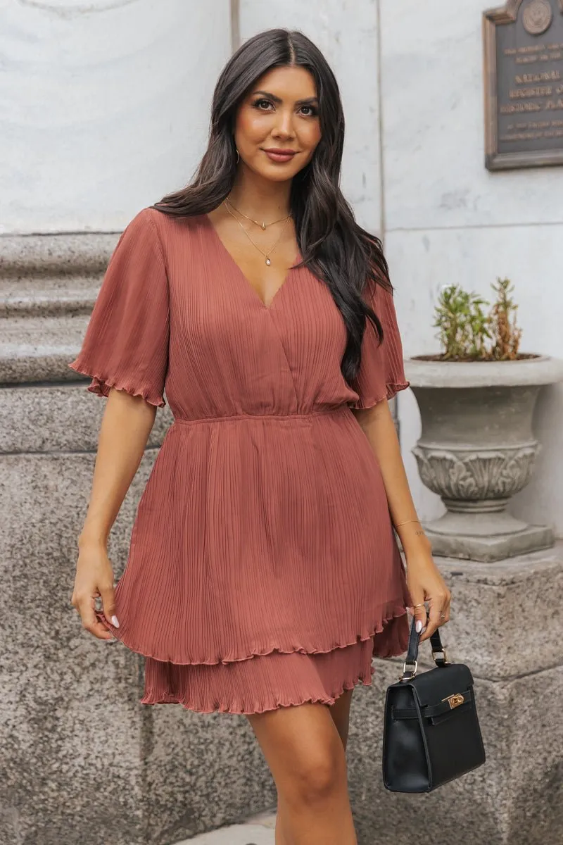 Terracotta Satin Pleated Mini Dress - FINAL SALE