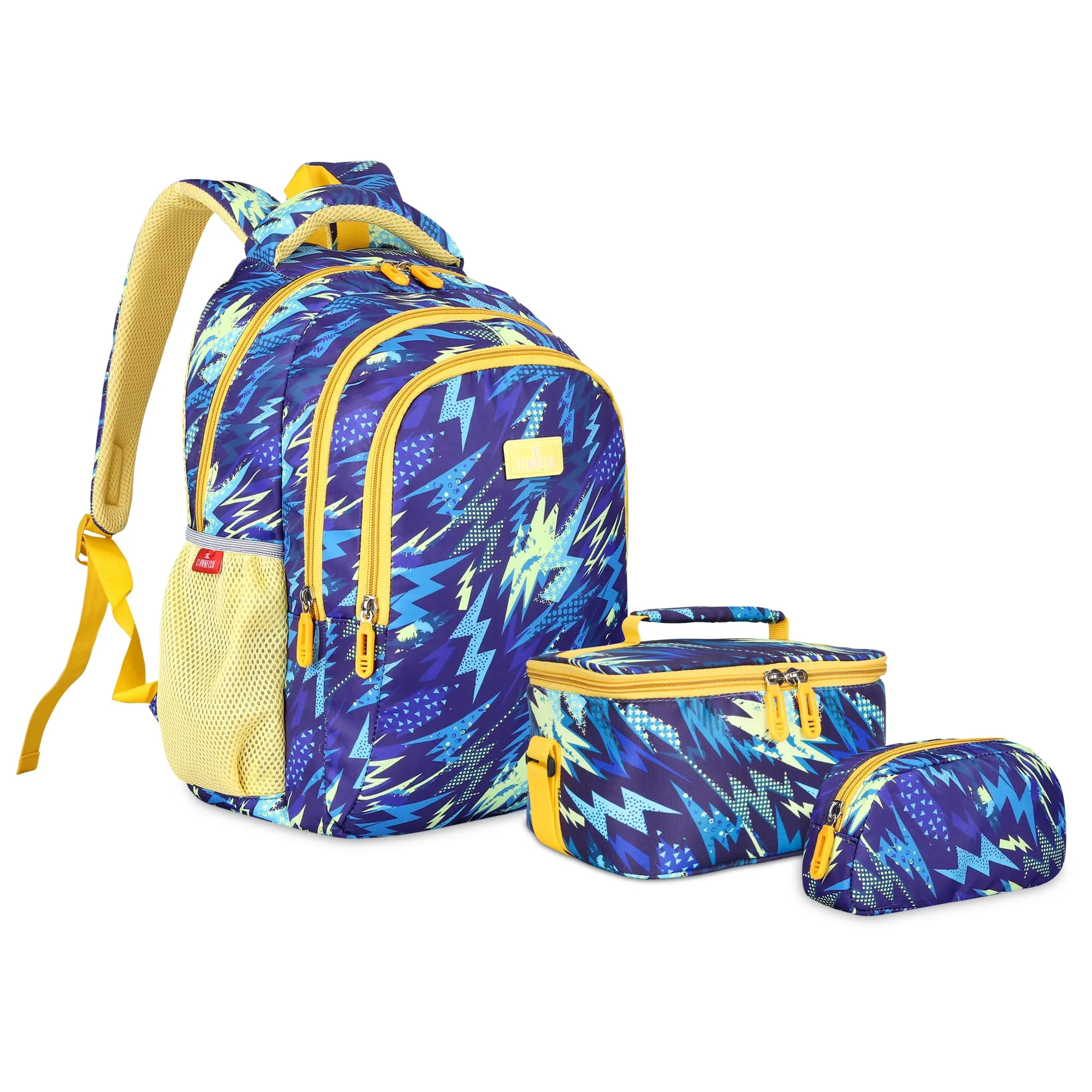 THE CLOWNFISH Fuel & Focus Series Printed Polyester 30 L School Backpack with Pencil/Staionery Pouch & Lunch/Tiffin Bag School Bag Daypack Trio For School Going Boys & Girls (Lightning Blue)