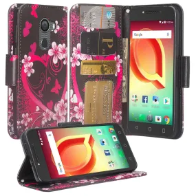 Tmobile REVVL, Alcatel A30 Plus, A30 Fierce, Alcatel Walters Case, Wrist Strap Pu Leather Wallet Flip [Kickstand] Cover with ID & Credit Card Slots - Heart Butterflies