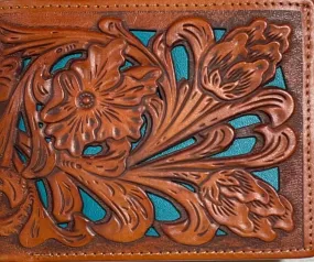 Top Notch Accessories 6013-2L.BR Light Brown Floral Tooled With Turquoise Inlay Bi-Fold Wallet