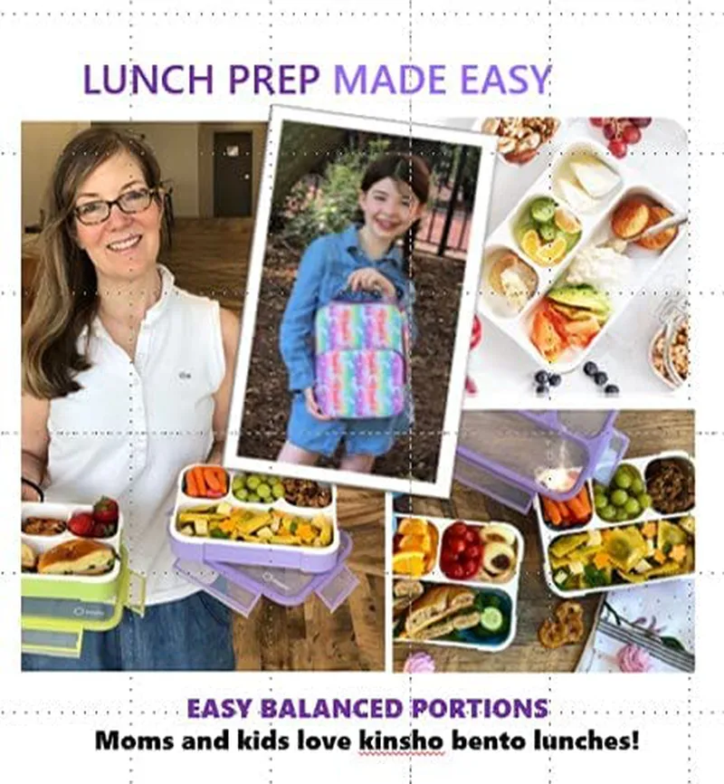 Unicorn Bento Lunch Box for Girls, Kids | Snack Containers with 4 Compartment Dividers, Boxes for Toddlers Pre-School Daycare Tween Lunches BPA Free, Food and Microwave Safe | Purple Rainbow Unicornio