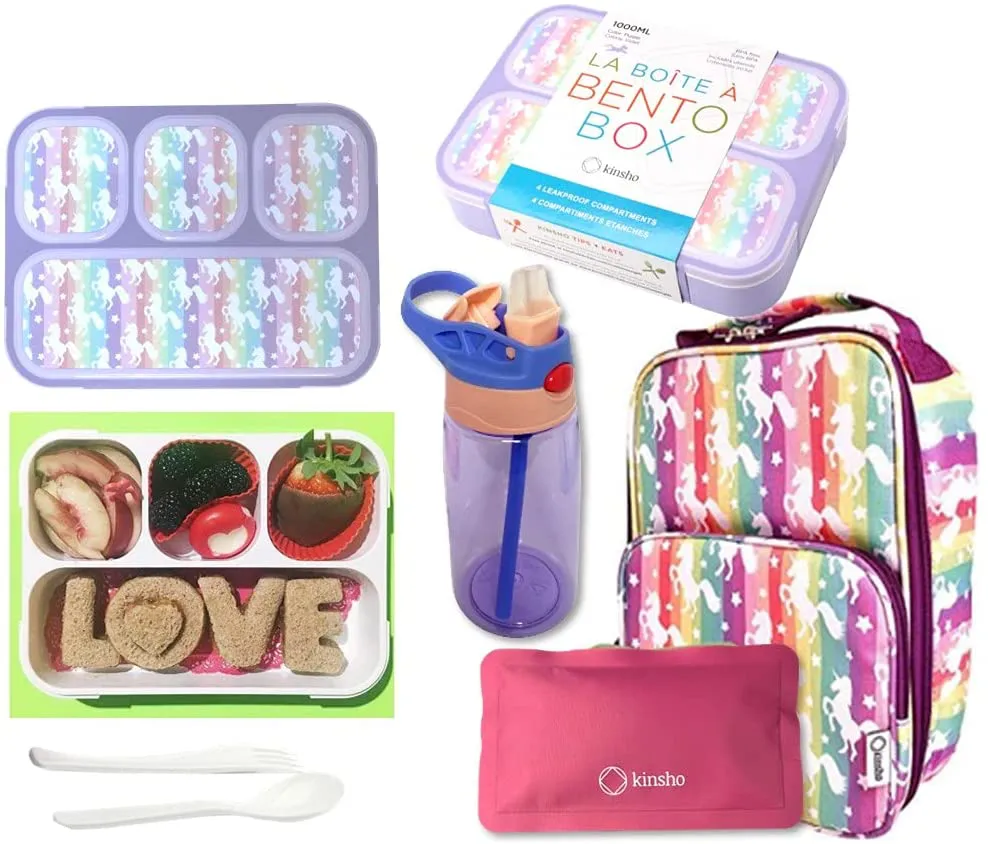 Unicorn Bento Lunch Box for Girls, Kids | Snack Containers with 4 Compartment Dividers, Boxes for Toddlers Pre-School Daycare Tween Lunches BPA Free, Food and Microwave Safe | Purple Rainbow Unicornio