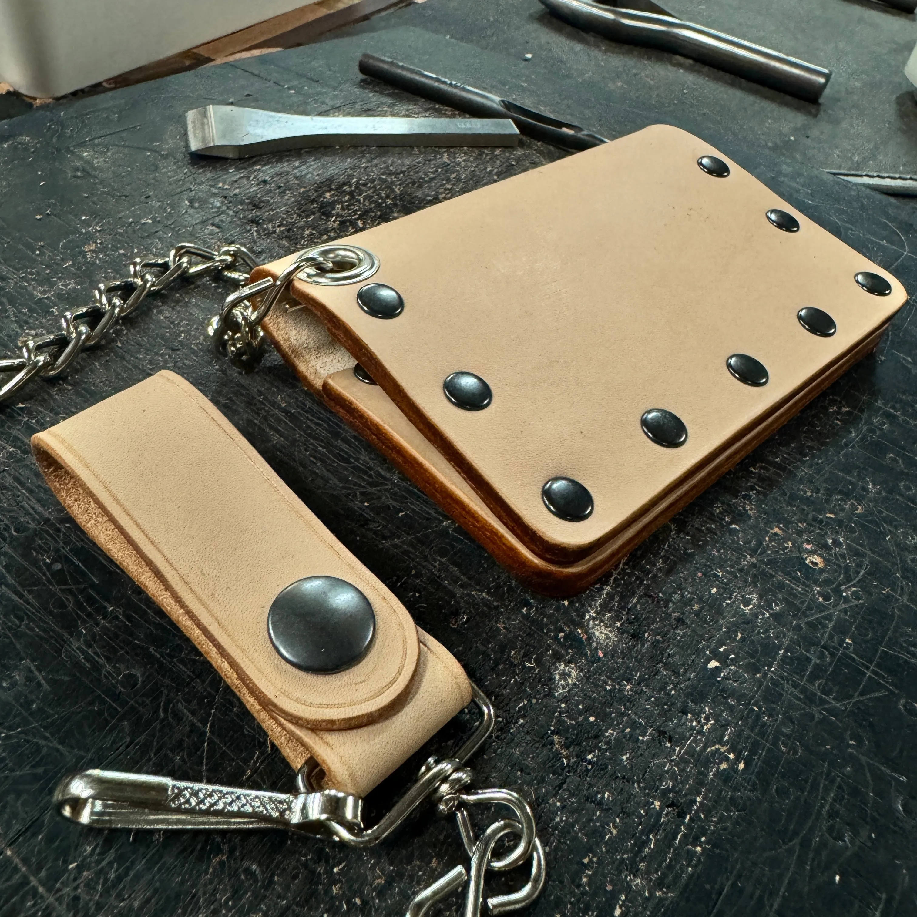 Veg Tan Biker Bifold Chain Wallet - Natural Vegetable Tanned Cowhide Leather with Rivets