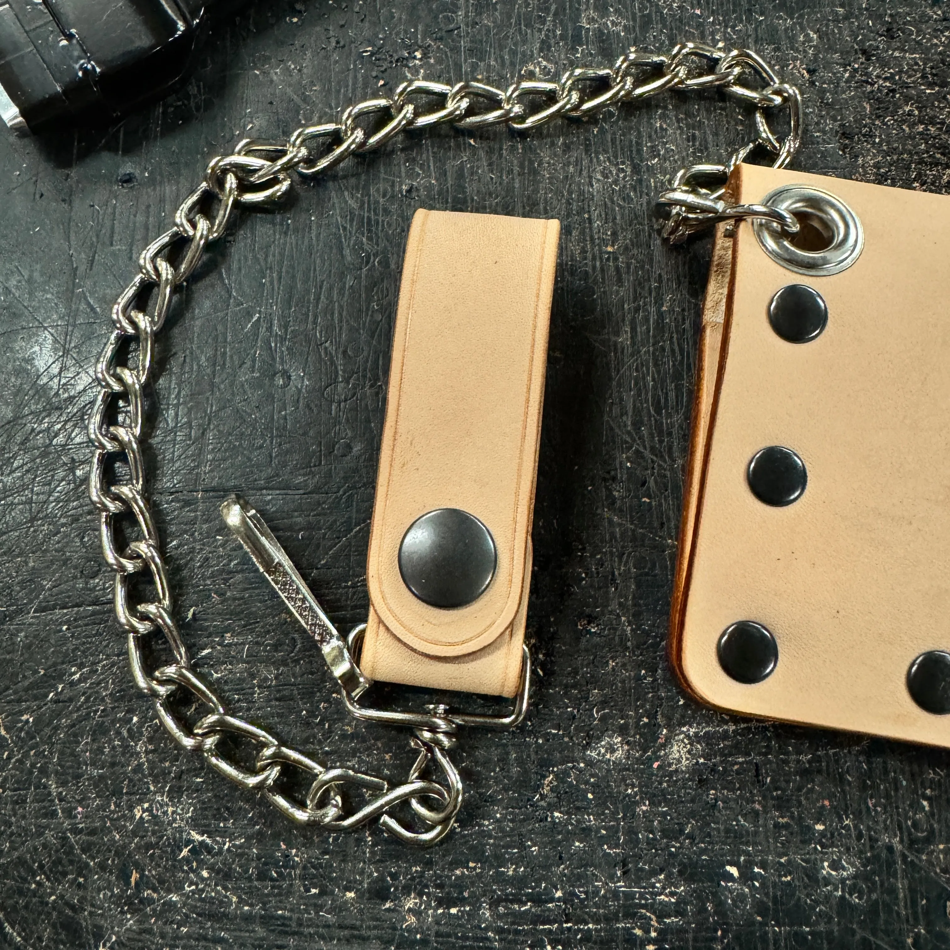 Veg Tan Biker Bifold Chain Wallet - Natural Vegetable Tanned Cowhide Leather with Rivets