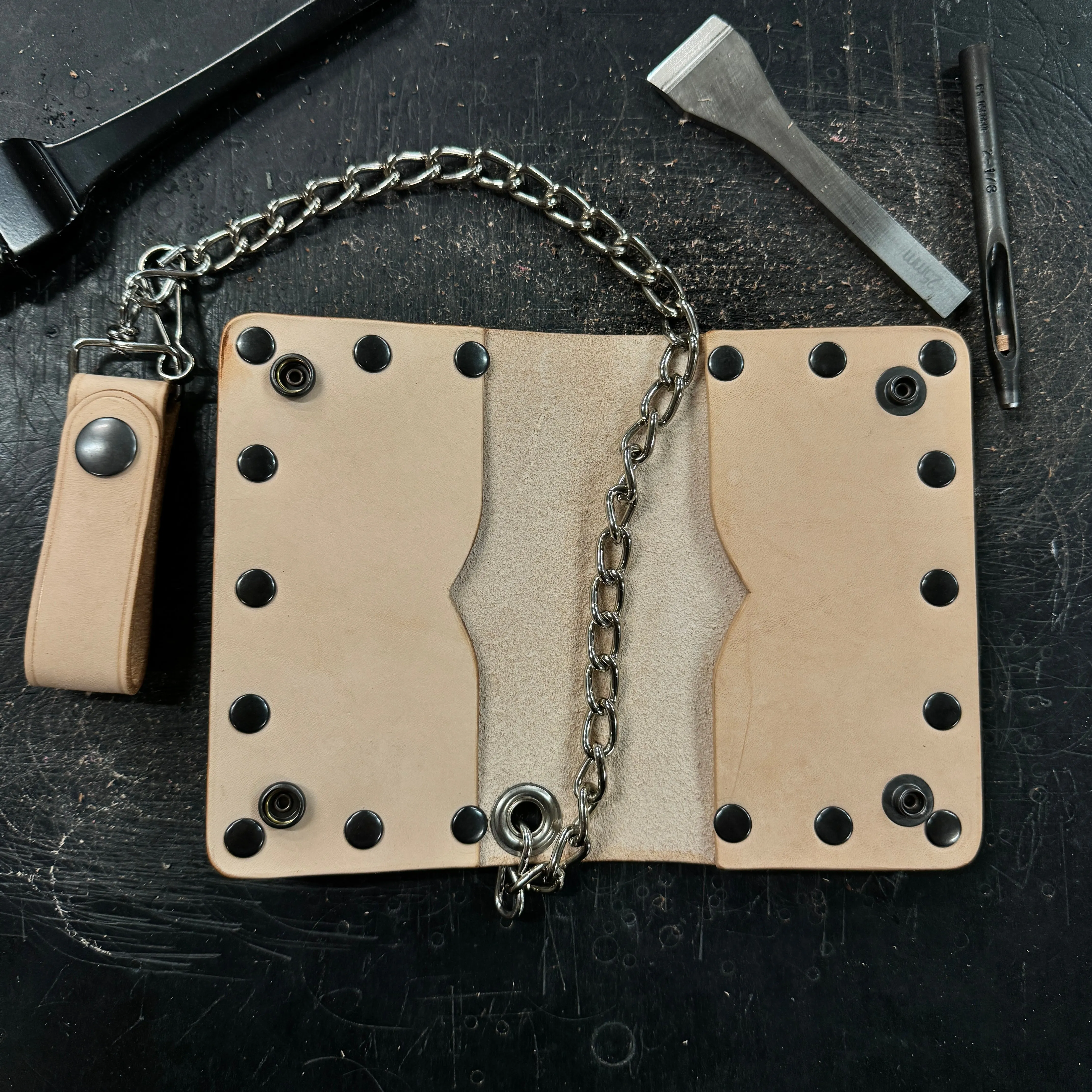 Veg Tan Biker Bifold Chain Wallet - Natural Vegetable Tanned Cowhide Leather with Rivets