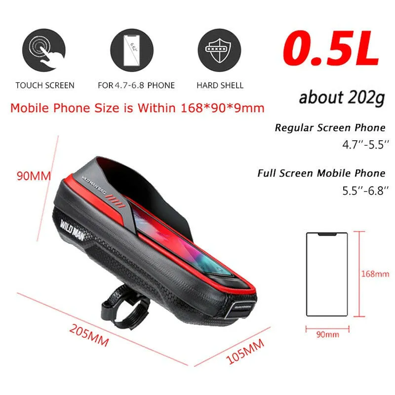 Wild Man Bicycle Stem Bag Touchscreen Folding Bike Front Bag Soft Shell 6.8" Mobile Waterproof Case Phone Bag Acessories