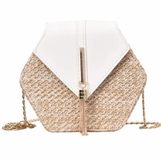 Women's Hexagon Straw and Vegan Leather Crossbody Bag