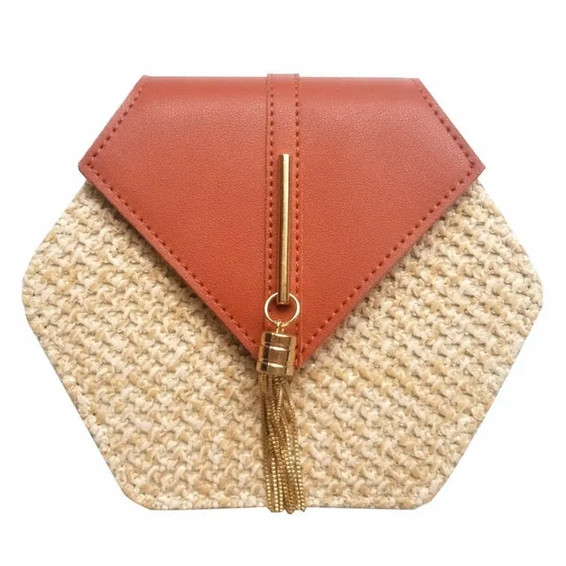 Women's Hexagon Straw and Vegan Leather Crossbody Bag