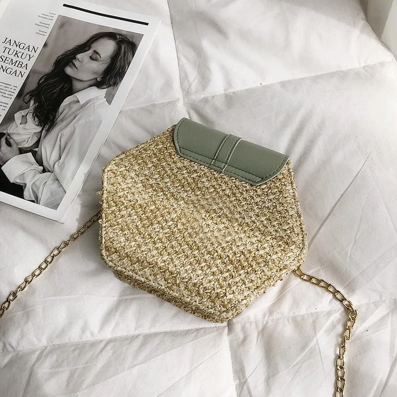 Women's Hexagon Straw and Vegan Leather Crossbody Bag