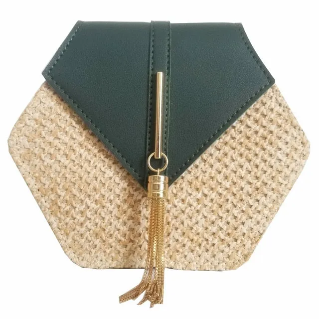 Women's Hexagon Straw and Vegan Leather Crossbody Bag