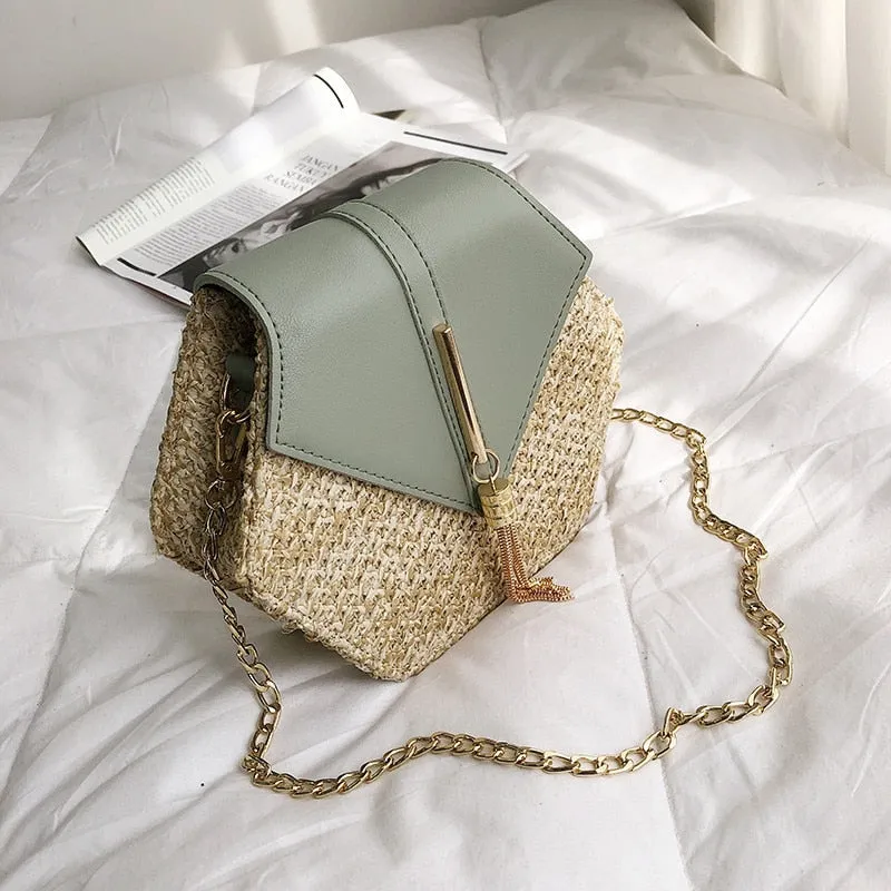 Women's Hexagon Straw and Vegan Leather Crossbody Bag