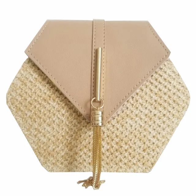 Women's Hexagon Straw and Vegan Leather Crossbody Bag