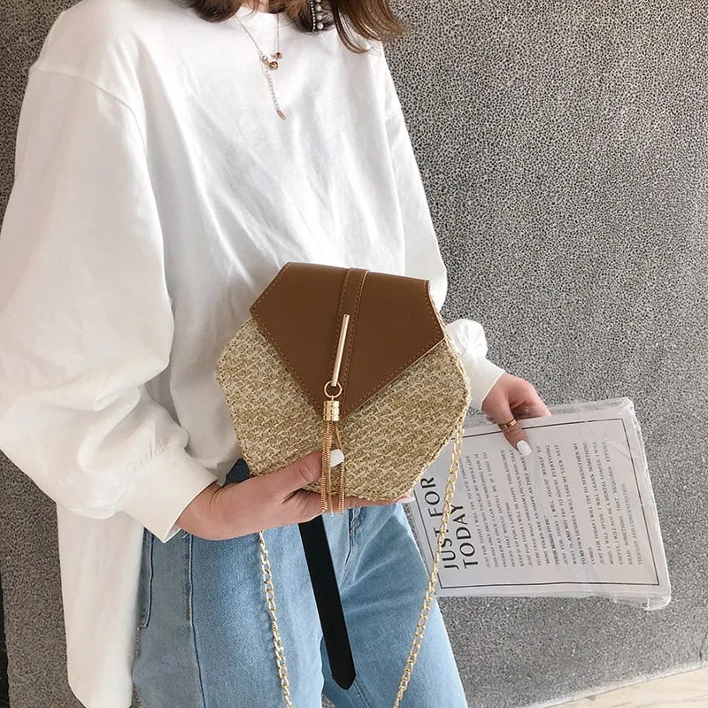 Women's Hexagon Straw and Vegan Leather Crossbody Bag