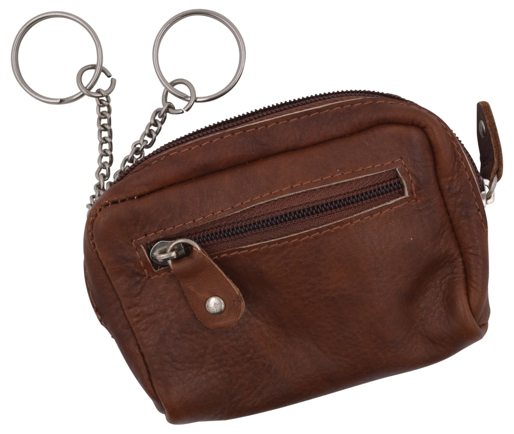 Women's Leather Zippered Small Coin Change Purse with 2 Key Ring Holders